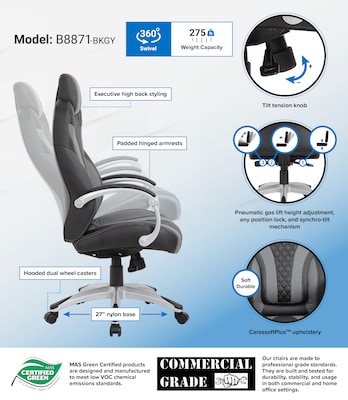 Boss Office Products Ergonomic Vinyl Swivel Executive Chair, Black/Grey (B8871-BKGY)
