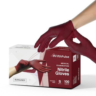 FifthPulse Powder Free Nitrile Gloves, Latex Free, Small, Burgundy, 100/Box (FMN100214)