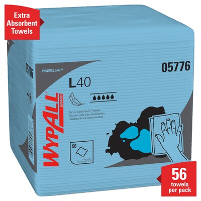 WypAll PoweClean L40 Towels, 12.5" x 12", Blue, 56 Sheets/Pack, 12 Packs/Carton (05776)