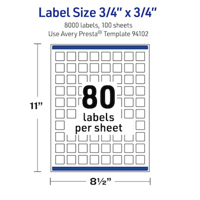 Avery Waterproof Square Laser Multipurpose Labels, 0.75" x 0.75", White, 8000/Box (19479399467)