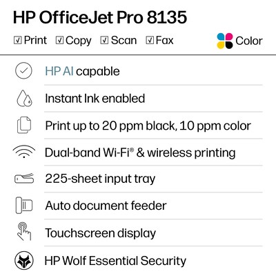 HP OfficeJet Pro 8135e Wireless Color All-In-One Printer, Scan, Copy, Fax, 3 Months Free Instant Ink, AI Enabled (40Q35A)