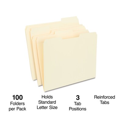 Staples 30% Recycled Reinforced File Folders, 1/3-Cut Tab, Letter Size, Manila, 100/Box (ST56682-CC)