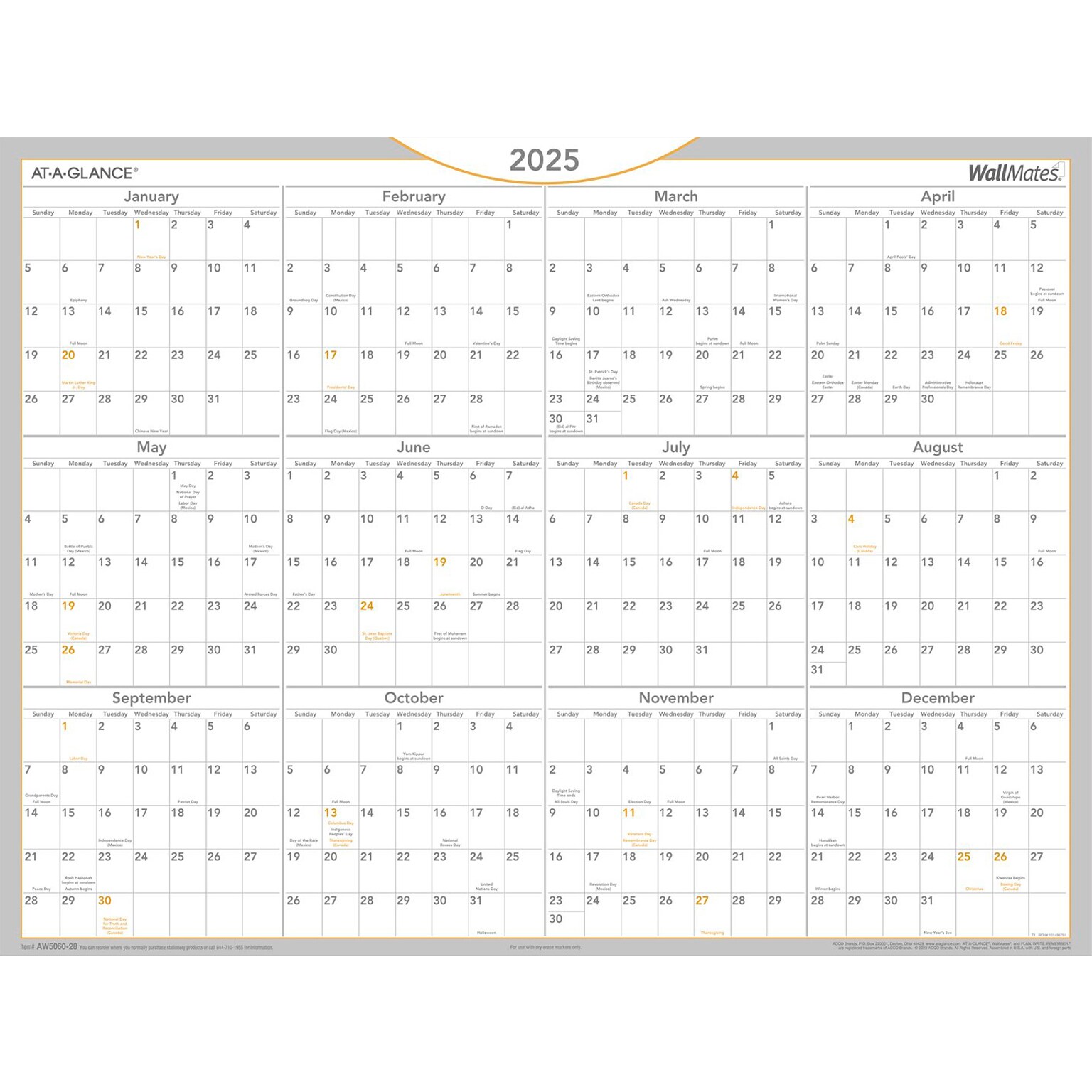 2025 AT-A-GLANCE WallMates 24 x 18 Yearly Dry-Erase Wall Calendar, White/Gray (AW5060-28-25)