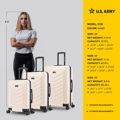 US Army FOX 3-Piece Hardside Spinner Carry-On Luggage Set, TSA Checkpoint Friendly, Sand (USLFOXSML-SAN)