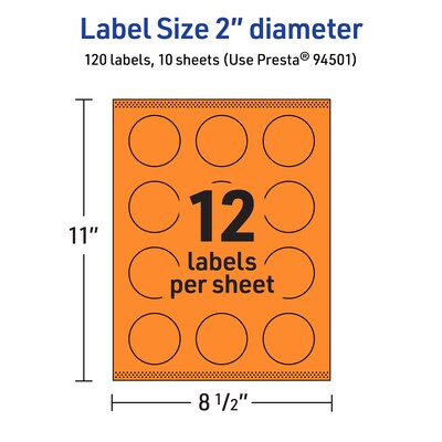 Avery Laser/Inkjet Multipurpose Circle Labels, 2" Dia., Bright Orange, 120/Pack (94501)