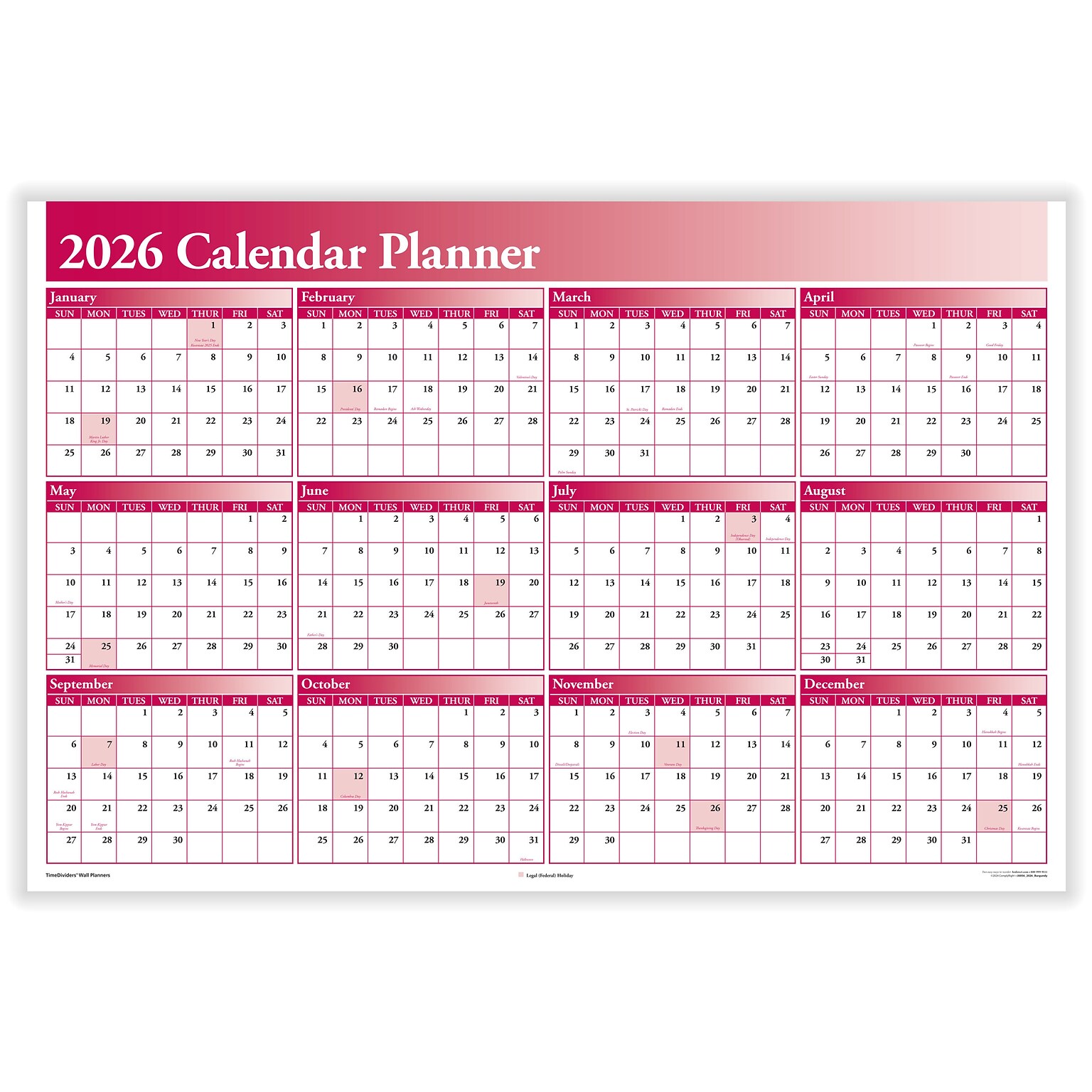 2026 ComplyRight Full Calendar Planner 36 x 24 Yearly Dry Erase Wall Calendar, Burgundy (J0056BU)
