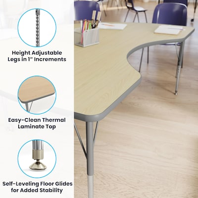 Flash Furniture Wren Kidney Activity Table, 72" x 48", Height Adjustable, Light Natural Top/Silver Frame (XUA4872KDLNTA)