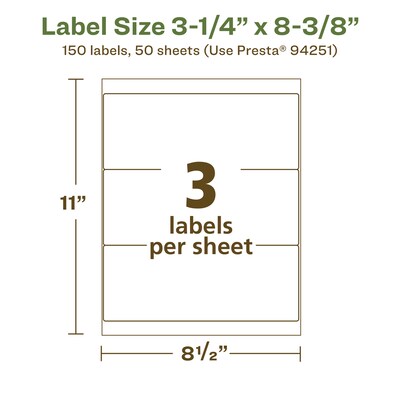 Avery EcoFriendly Laser/Inkjet Rectangle Multipurpose Labels, 3-1/4" x 8-3/8", White, 150/Box (94251)