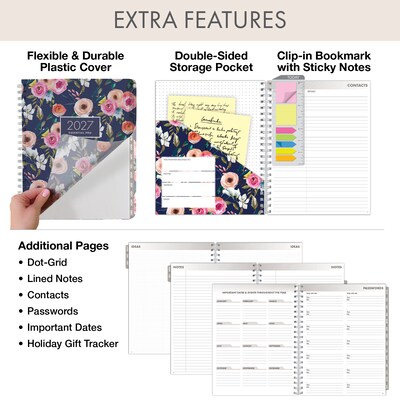 2027 Excello Brands Essential Pro Planner 8.5" x 11" Calendar Year Weekly & Monthly, Hardcover, Small Navy Floral