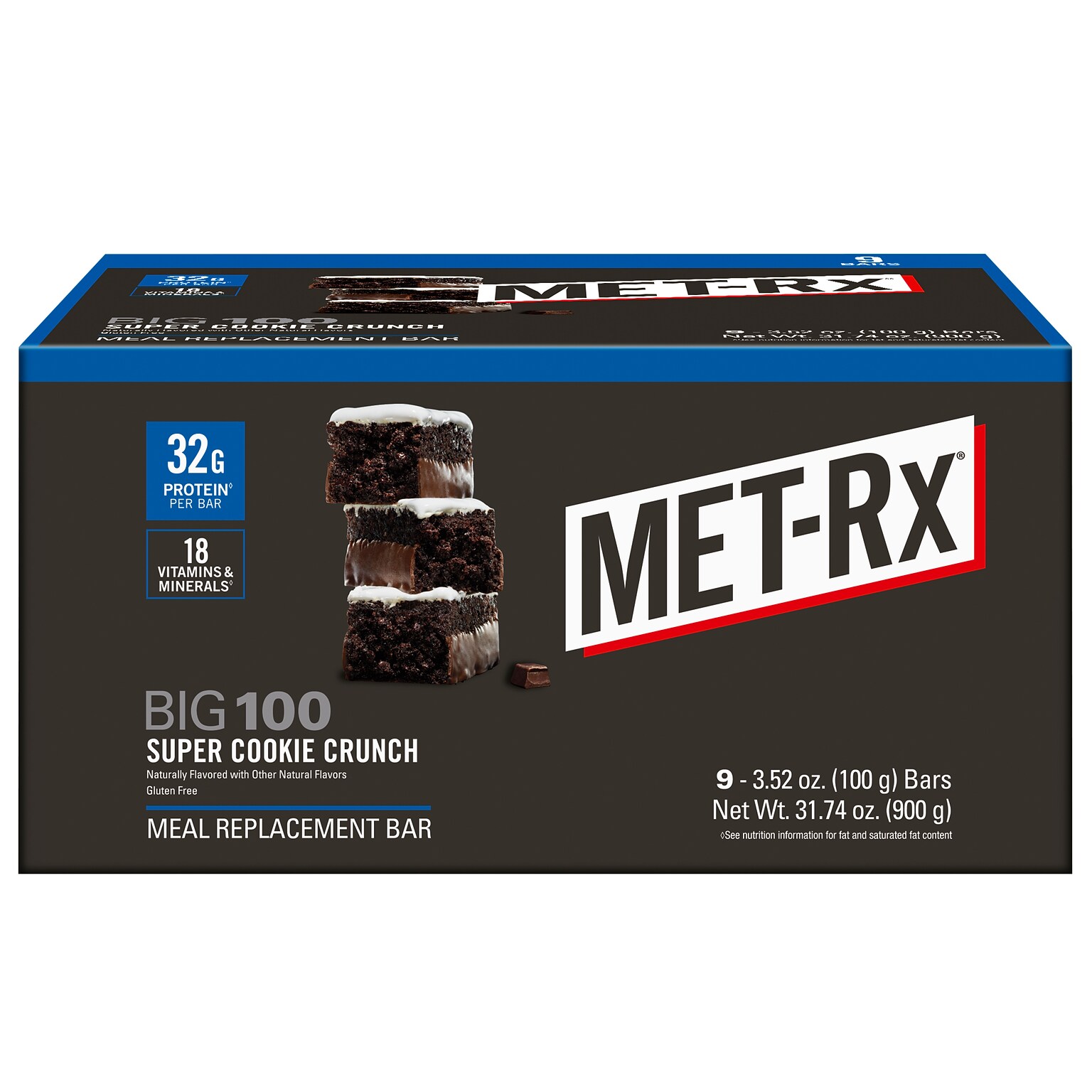 MET-Rx Big 100 Gluten Free Super Cookie Crunch Protein Bar, 3.52 oz., 9 Bars/Box (NRN55727)
