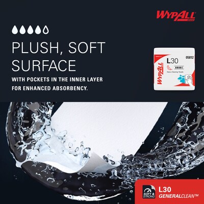 WypAll GeneralClean L30 Durable Fibers Cleaning Wipers, 12" x 12.5", White, 90 Wipers/Box, 12/Carton (05812)
