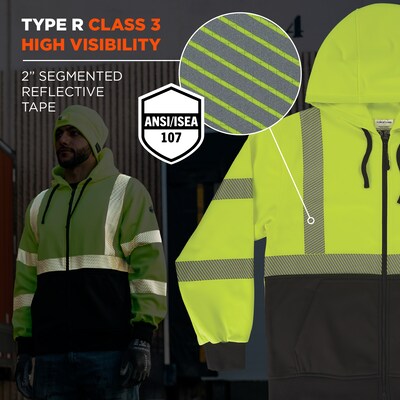 Ergodyne GloWear 8318BK High Visibility Long Sleeve Black Bottom Hooded Zip-Up Sweatshirt, ANSI Type R Class 3, Lime, 4XL