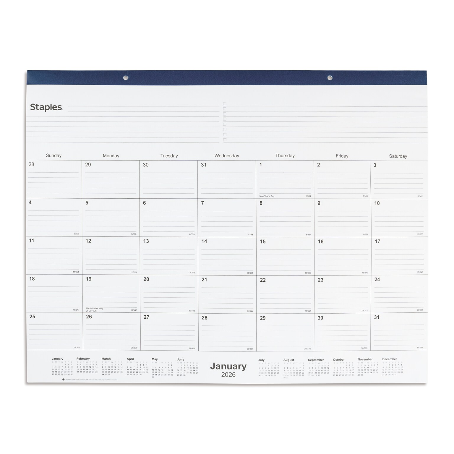 2026 Staples 21.75 x 17 Monthly Desk Pad Calendar, Navy (ST59700-26)