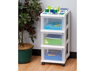 Iris 3-Drawer Storage Cart with Organizer Top, Plastic, White/Translucent White, 2/Pack (116836)