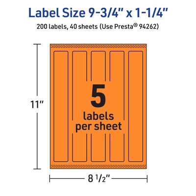 Avery Rectangle Multipurpose Labels, 9.75" x 1.25", Bright Orange, 200/Pack (94262)