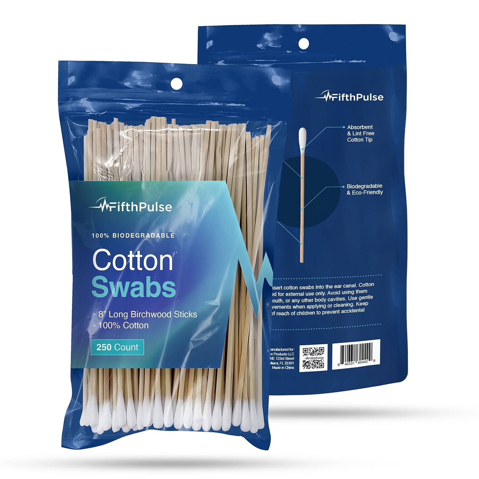 FifthPulse 100% Natural Eco-friendly 8 Cotton Swabs Sticks Made With Birch Wood - Non Sterile Cotton Tip, 250 Pack (FMN100686)