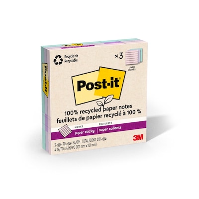 Post-it Recycled Super Sticky Notes, 4 x 4, Wanderlust Pastels Collection, Lined, 70 Sheets/Pad, 3