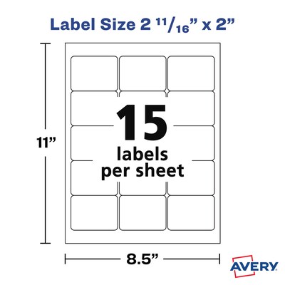 Avery Laser/Inkjet Media Labels, 2" x 2-11/16", White, 15/Sheet, 25 Sheets/Pack (6490)