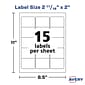 Avery Laser/Inkjet Media Labels, 2" x 2-11/16", White, 15/Sheet, 25 Sheets/Pack (6490)