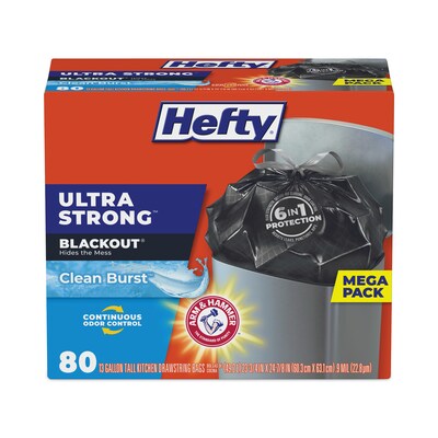 Hefty® Ultra Strong BlackOut Tall-Kitchen Drawstring Bags, 13 gal, 0.9 mil, 23.75" x 24.88", Black, 80 Bags/Box, 3 Boxes/Carton