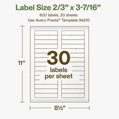 Avery Hemp Rectangle Laser/Inkjet Multipurpose Labels, 2/3" x 3-7/16", Off-White (600/Pack)