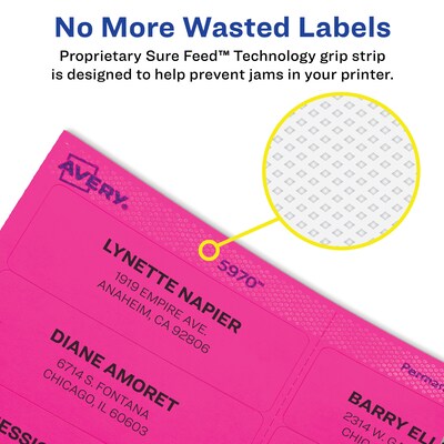 Avery Sure Feed Laser Address Labels, 1" x 2 5/8", Neon Magenta, 750 Labels/Pack (5970)