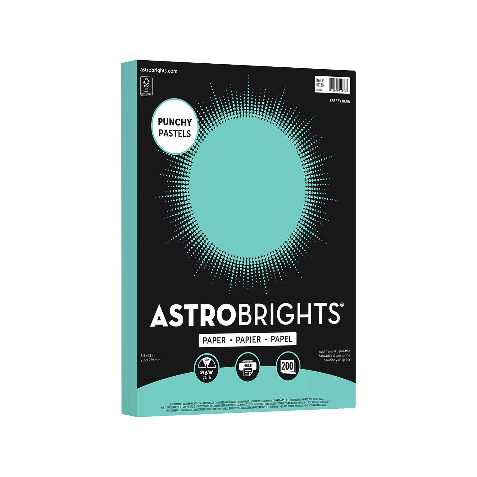 Astrobrights Colored Paper, 24 lbs., 8.5 x 11, Breezy Blue, 200 Sheets/Pack