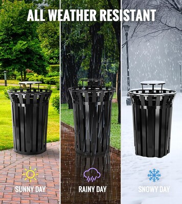 Alpine Industries Metal Outdoor Trash Can with Rain Bonnet Lid and Liner, 38 Gallon, Black (479-38-1)