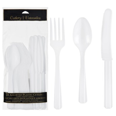 Party City Plastic Assorted Cutlery, Lightweight, White, 24 Pieces/Pack (AM4523-08)