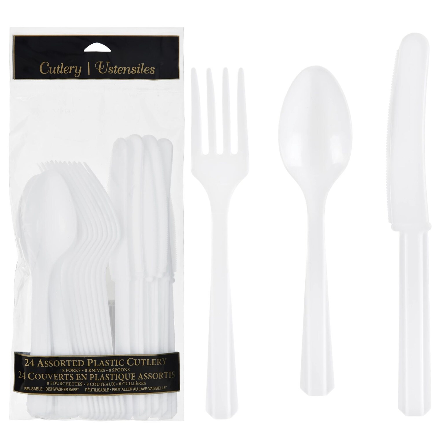 Party City Plastic Assorted Cutlery, Lightweight, White, 24 Pieces/Pack (AM4523-08)