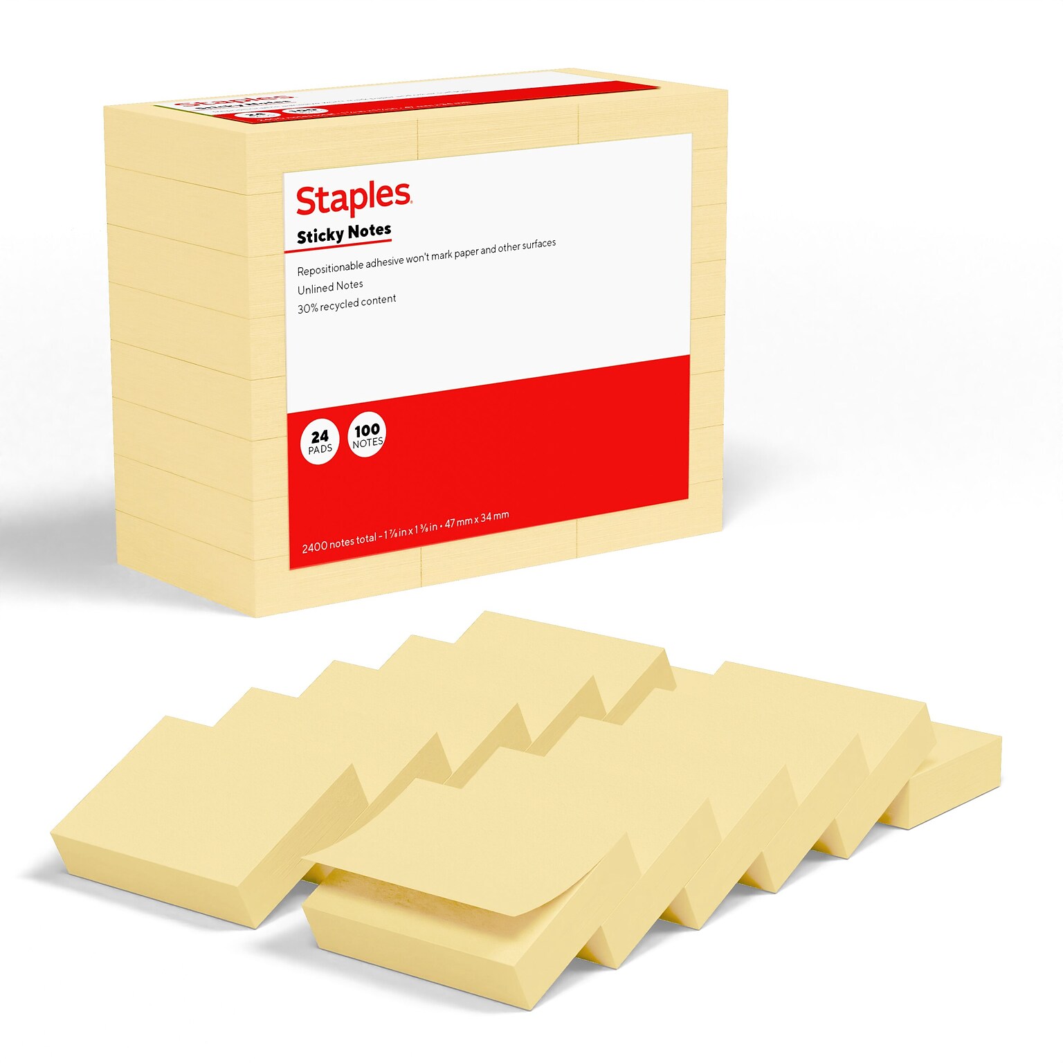 Staples Sticky Notes, 1 3/8 x 1 7/8, Sunshine Collection, 100 Sheets/Pad, 24 Pads/Pack (ST62865)