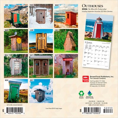 2026 BrownTrout Outhouses 7 x 7 Monthly Wall Calendar (9798330705023)