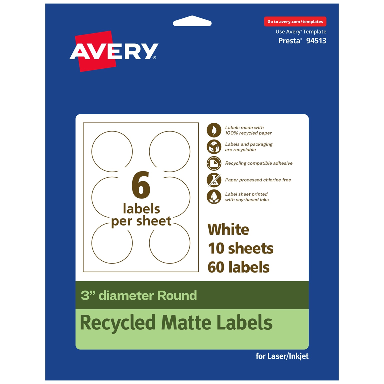 Avery EcoFriendly Laser/Inkjet Circle Multipurpose Labels, 3 Dia., White, 60/Pack (94513)