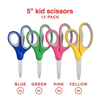 Staples Teacher Pack 5 Kids Pointed Tip Stainless Steel Scissors, Straight Handle, Right & Left Handed, 12/Pack (TR55057)