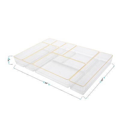 Martha Stewart Kerry Plastic Stackable Office Desk Drawer Organizer, Various Sizes, Clear/Gold, 8/Set (BEPB3371G8CGD)