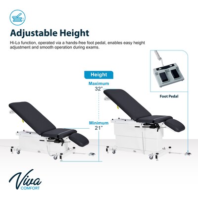 Viva Comfort XRO Electric Height and Back Adjustable Exam Table with Stirrups, 600 lb Capacity, Black (ADI903-24-BLK-MK)