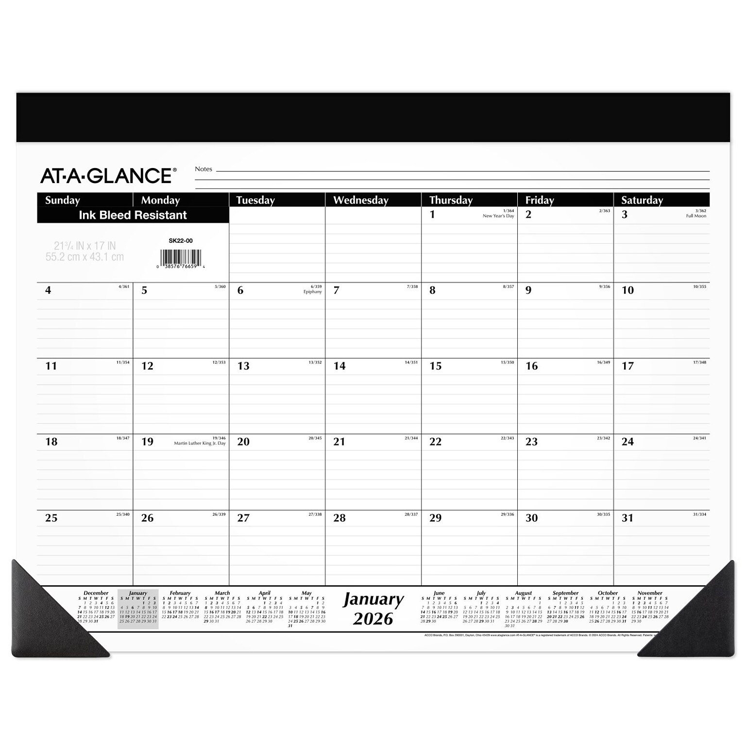 2026 AT-A-GLANCE 21.75 x 17 Monthly Desk Pad Calendar, White/Black (SK22-00-26)