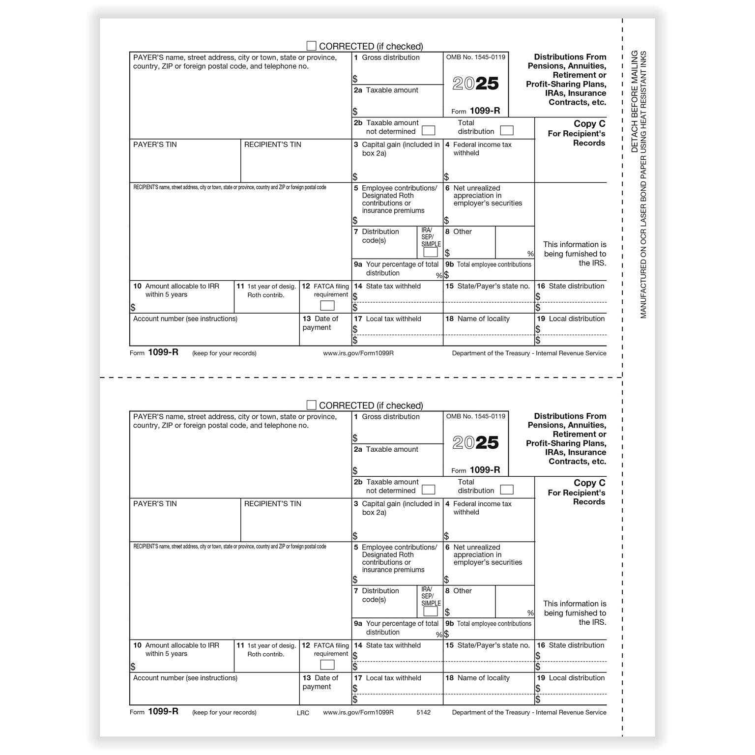 ComplyRight 2025 1099-R Tax Form, 1-Part, 2-Up, Recipient Copy C, 50/Pack (514250)
