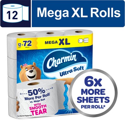 Charmin Ultra Soft Mega XL Toilet Paper, 2-Ply, White, 312 Sheets/Roll, 12 Rolls/Pack (08471)