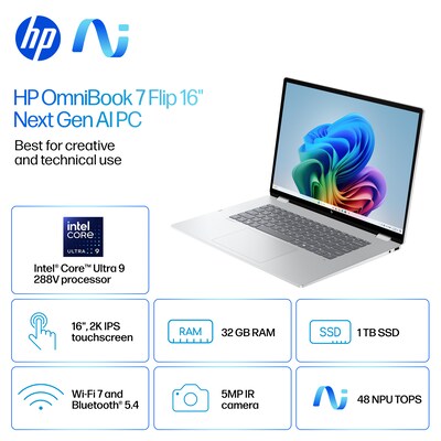 HP OmniBook 7 Flip 16 2K 2-in-1, Copilot+ PC, Intel Core Ultra 9, 32GB RAM, 1TB SSD, +23 hours battery, Windows 11 Home