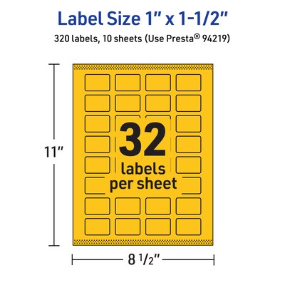 Avery Laser/Inkjet Rectangle Multipurpose Labels, 1" x 1.5", Bright Yellow, 320/Pack (94219)