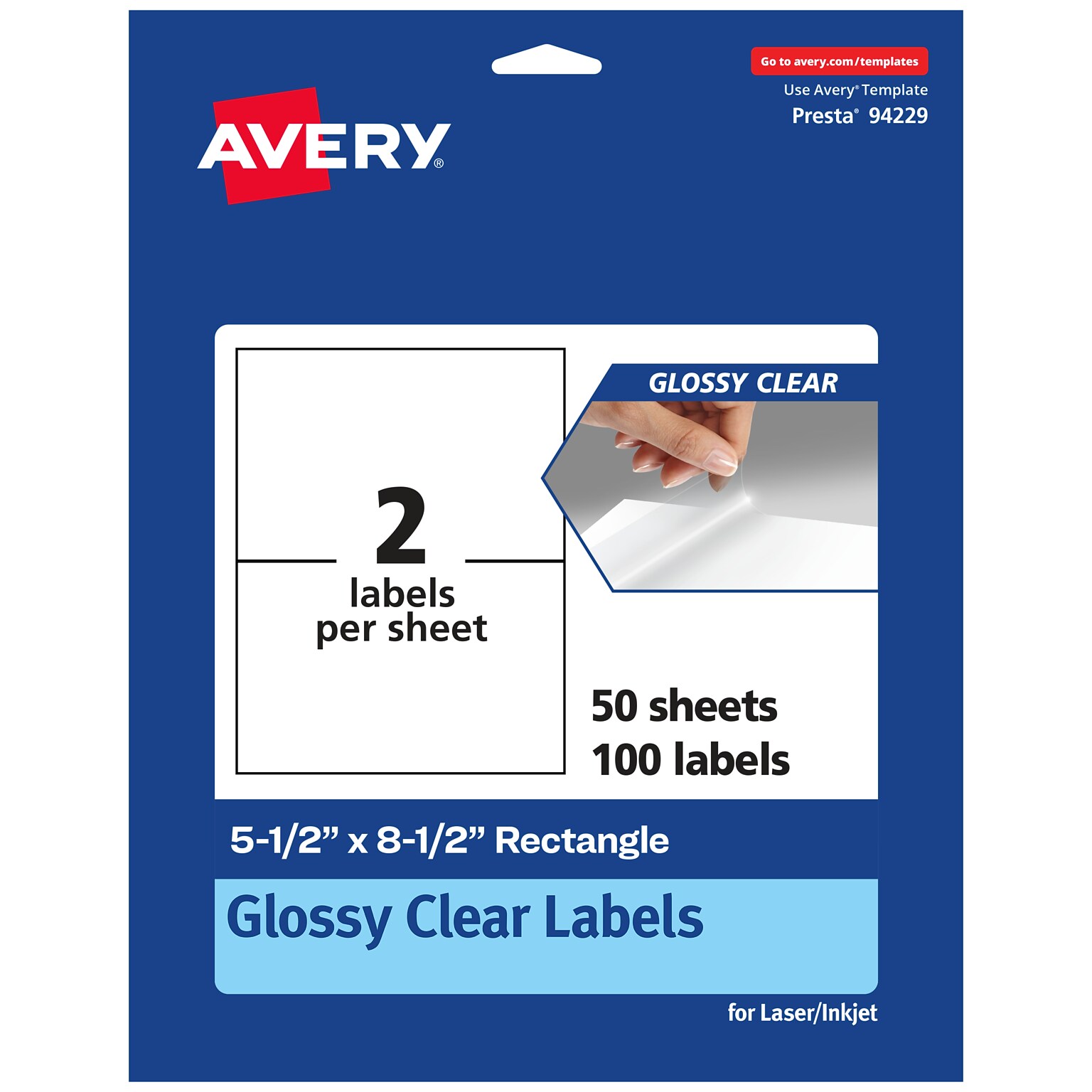 Avery Laser/Inkjet Multipurpose Labels, 8.5 x , Glossy Clear, 100/Box (94229)