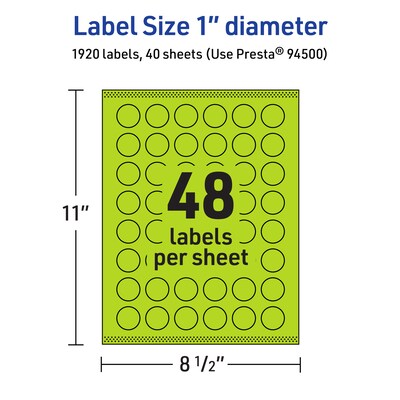 Avery Laser/Inkjet Multipurpose Circle Labels, 1" Dia., Bright Green, 1920/Pack (94500)