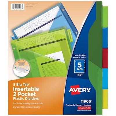 Avery Big Tab Insertable Plastic Dividers with 2 Pockets, 5 Tabs, Multicolor (11906)