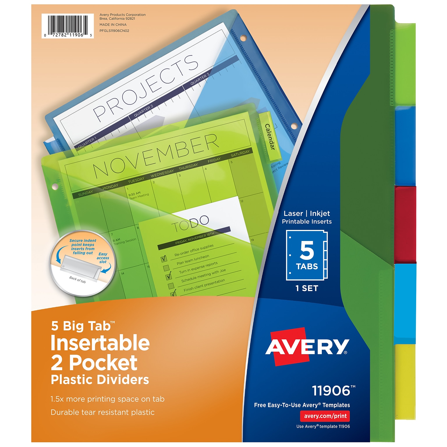 Avery Big Tab Insertable Plastic Dividers with 2 Pockets, 5 Tabs, Multicolor (11906)