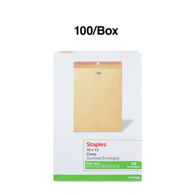 Staples Clasp & Gummed Catalog Envelopes, 10"L x 13"H, Brown, 100/Box (187039/19272)