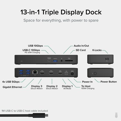 Plugable 13-in-1 Triple Monitor USB-C Docking Station for Windows/Mac, 100W, Black (UD-768PDZ)