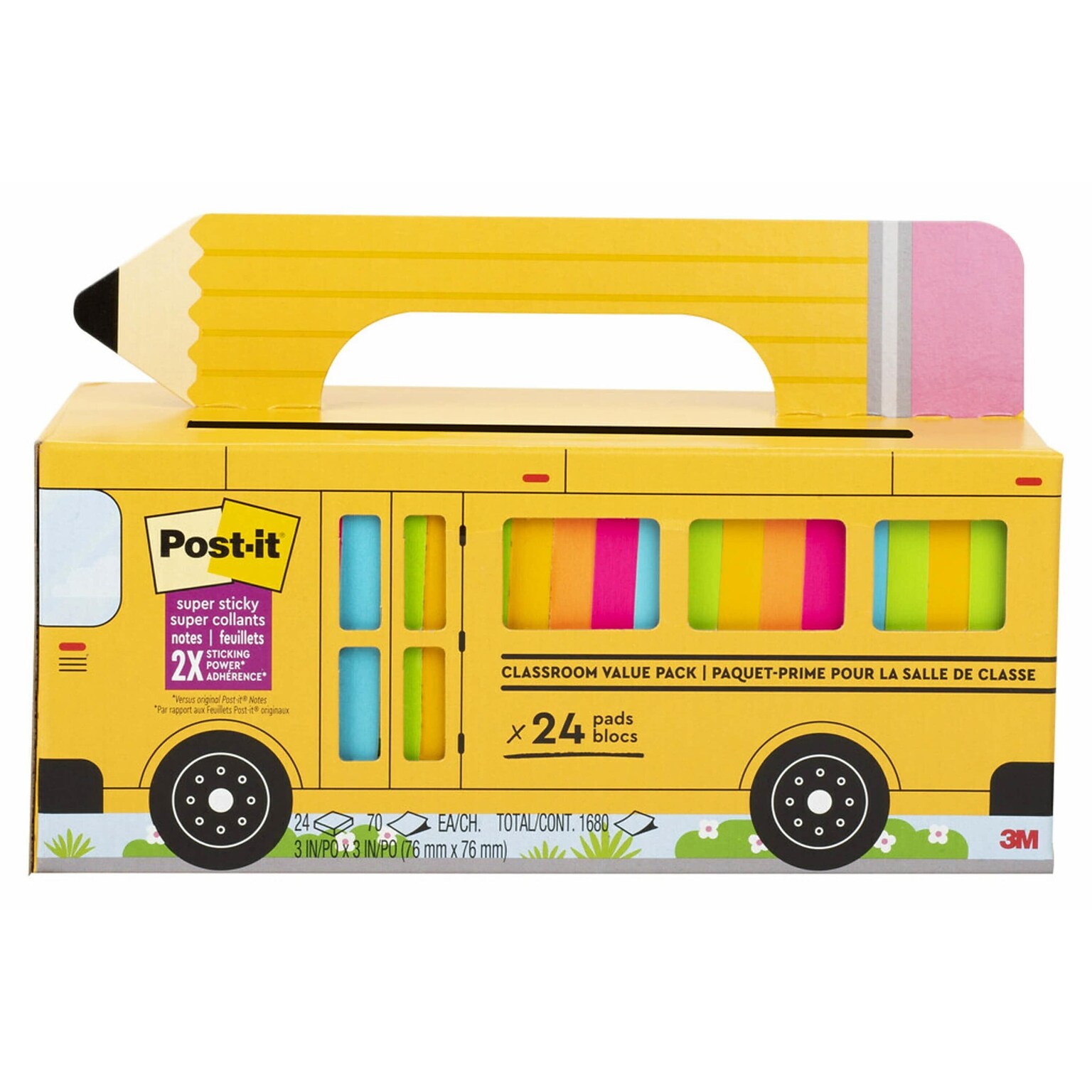 Post-it Bus Cabinet Pack Super Sticky Notes, Assorted Colors, 70 Sheets/Pad, 24 Pads/Pack (654-24SSBUS)