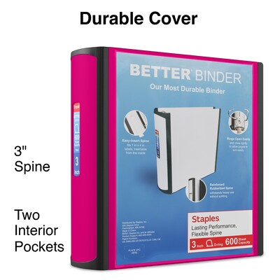 Staples® Better 3 3 Ring View Binder with D-Rings, Pink (22724)