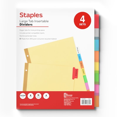 Staples Large Tab Insertable Paper Divider, Assorted Colors, 8-Tabs, 4 Sets (13517/14483)